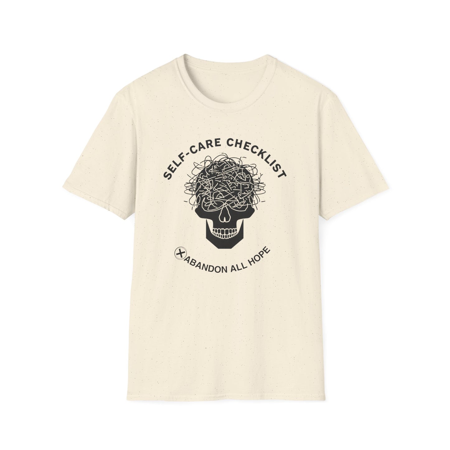 Self-Care Checklist: Abandon All Hope graphic t-shirt mockup