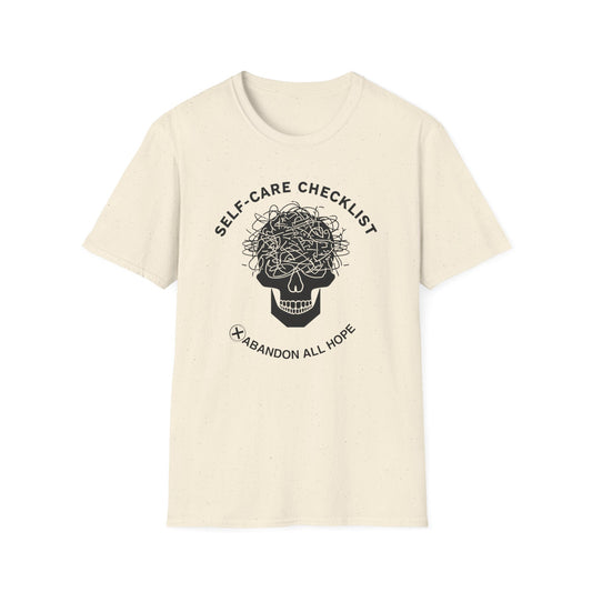 Self-Care Checklist: Abandon All Hope graphic t-shirt mockup