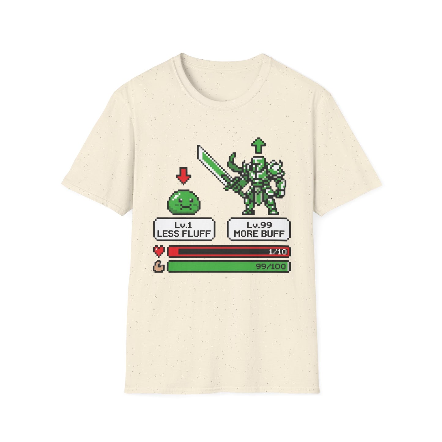 Less Fluff More Buff - 8-Bit Game graphic t-shirt mockup