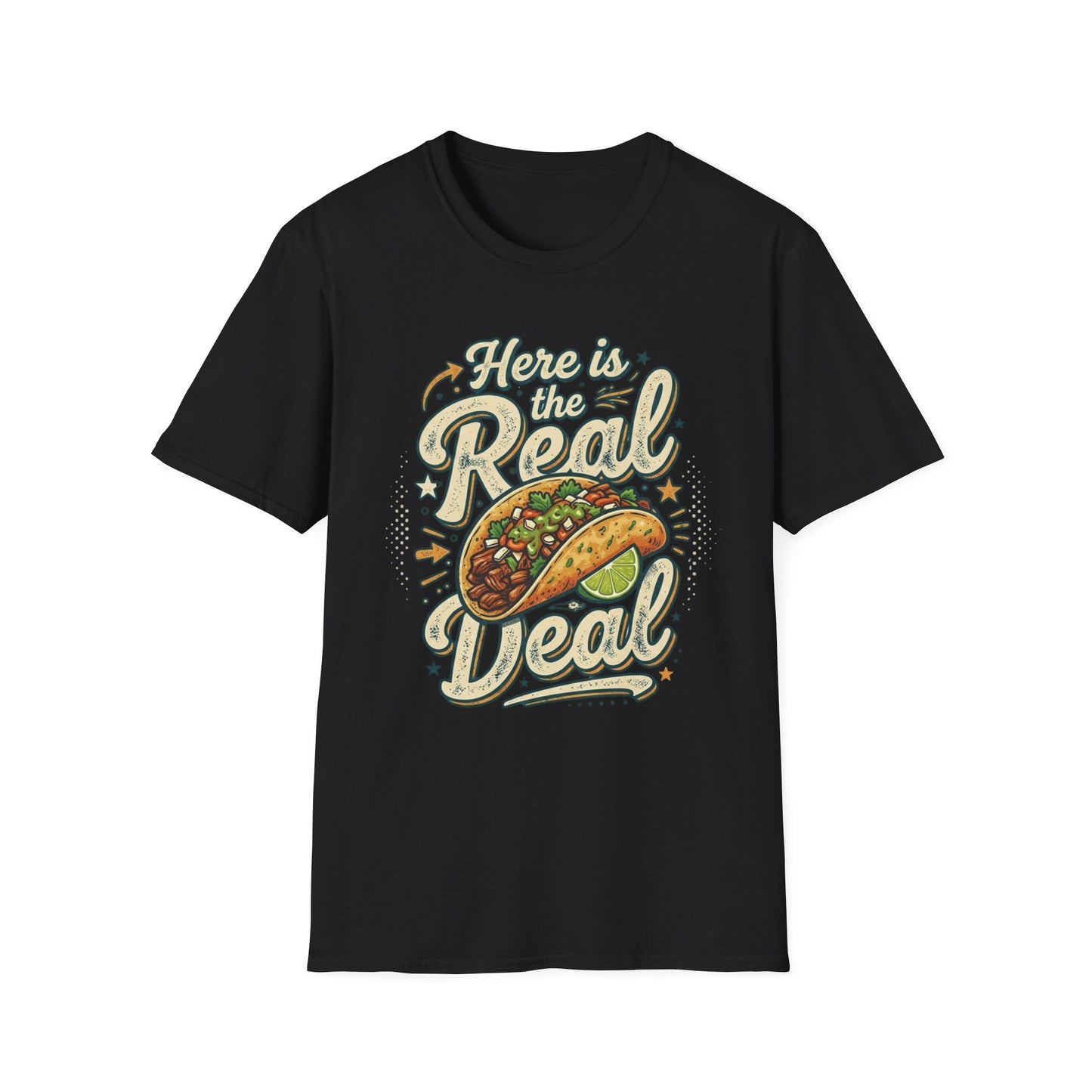 Here Is the Real Deal - Retro Script graphic t-shirt mockup