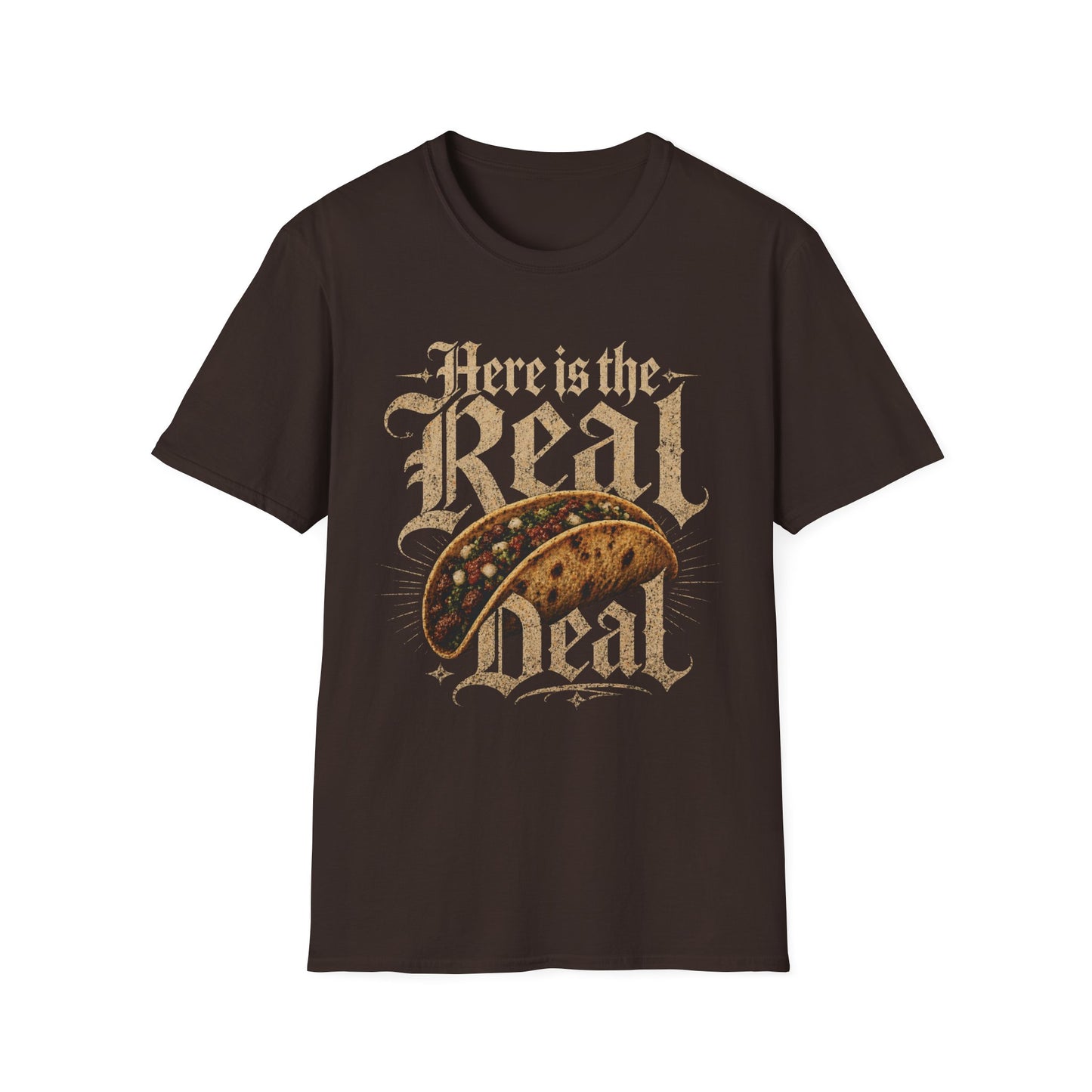 Here Is the Real Deal - Bold Type graphic t-shirt mockup