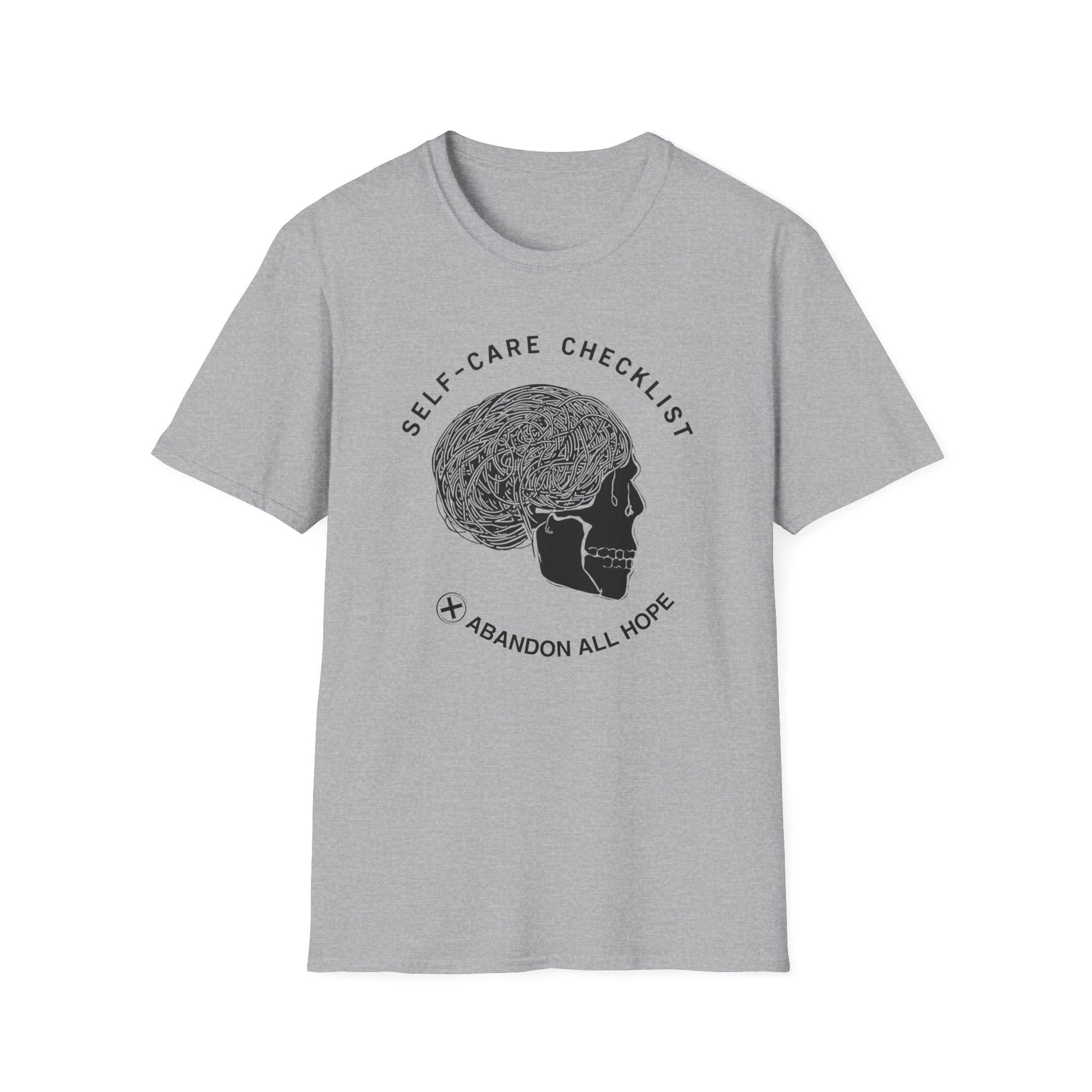 Self-Care Checklist: Abandon All Hope - Alt graphic t-shirt mockup