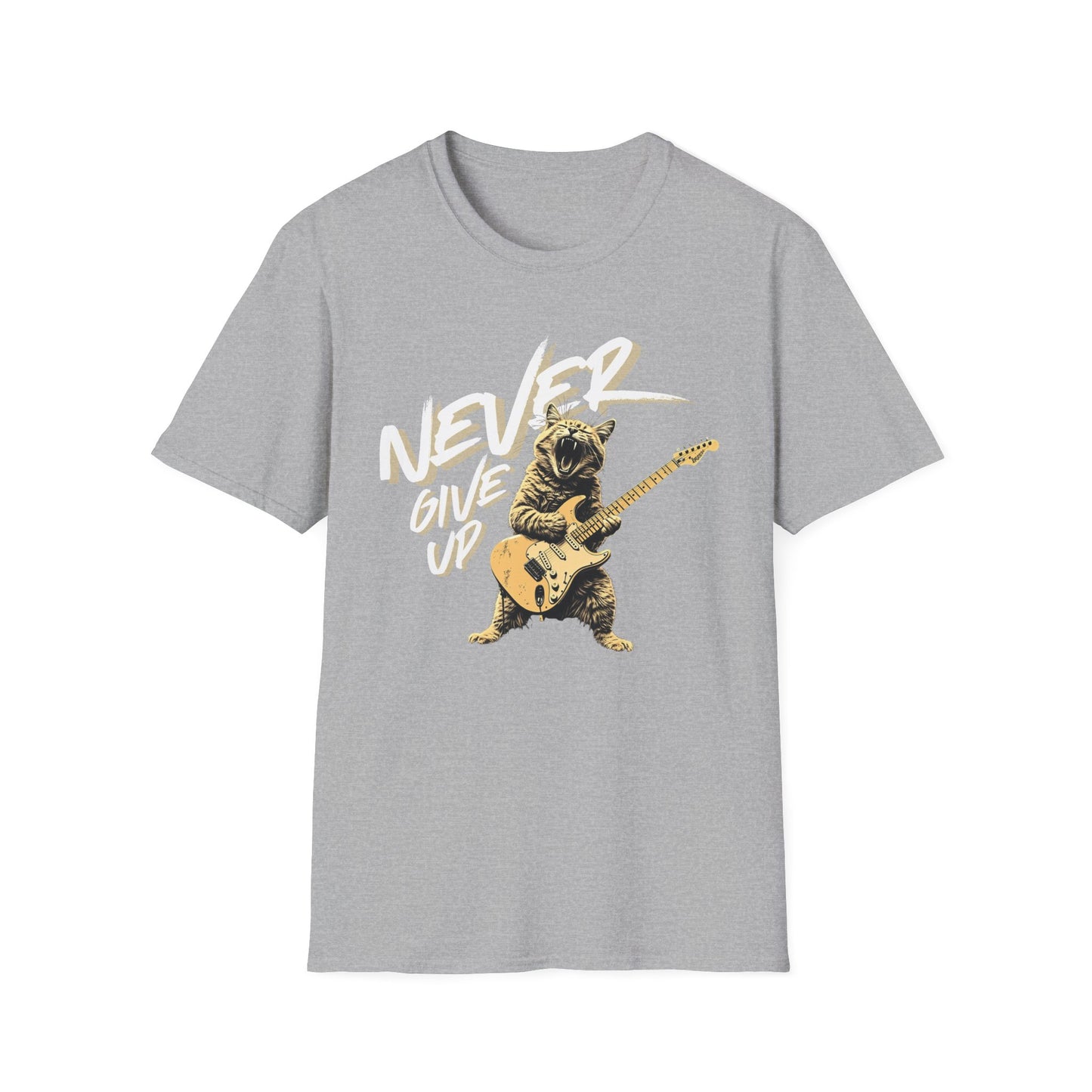 Never Give Up - Rock Cat graphic t-shirt mockup