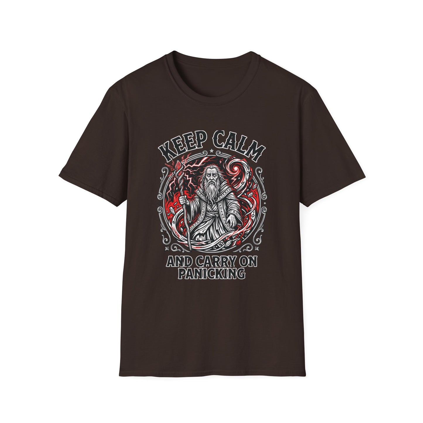 Keep Calm and Carry on Panicking graphic t-shirt mockup