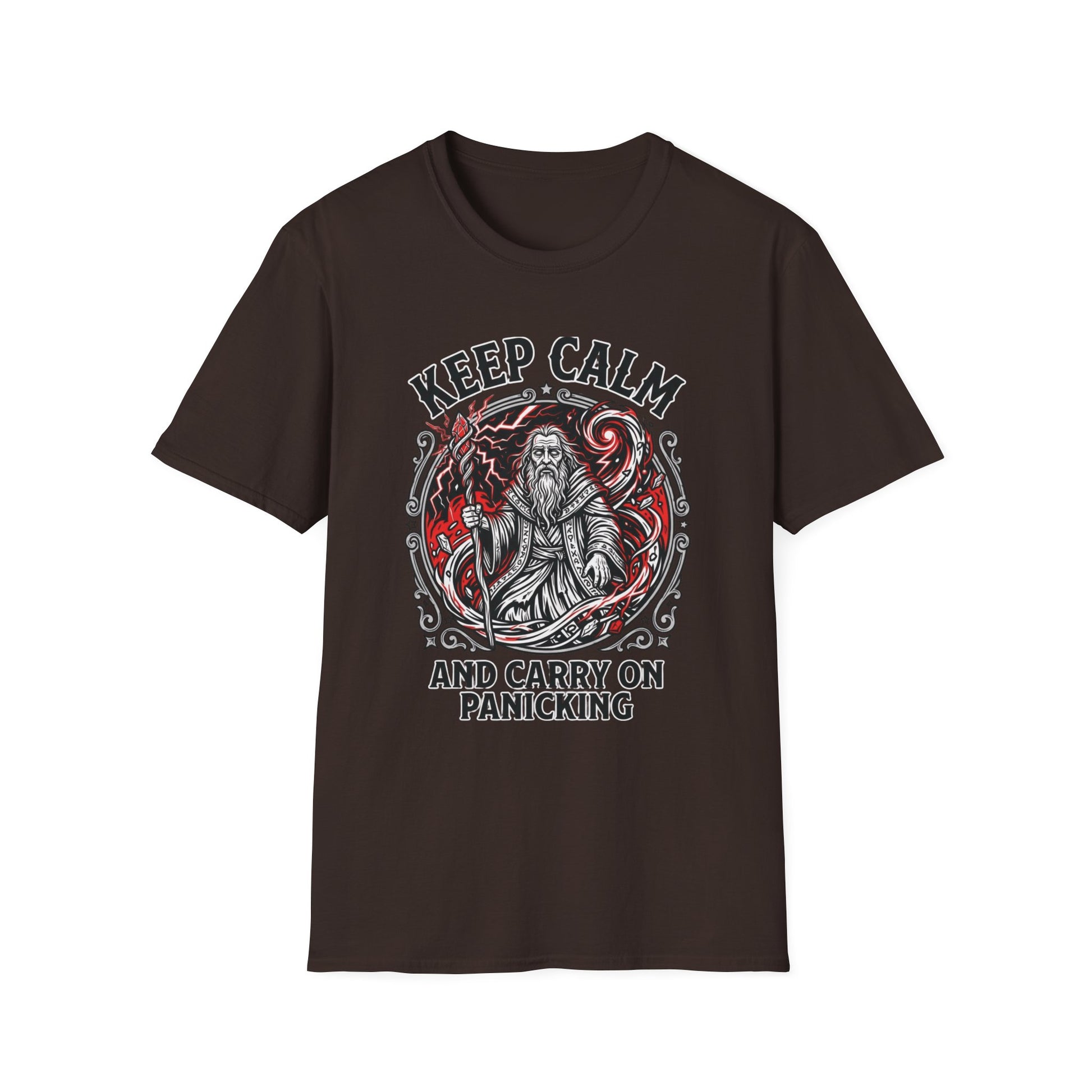 Keep Calm and Carry on Panicking graphic t-shirt mockup