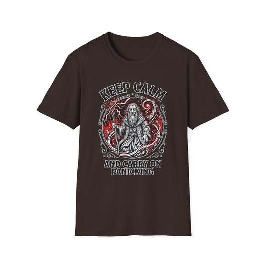 Keep Calm and Carry on Panicking graphic t-shirt mockup