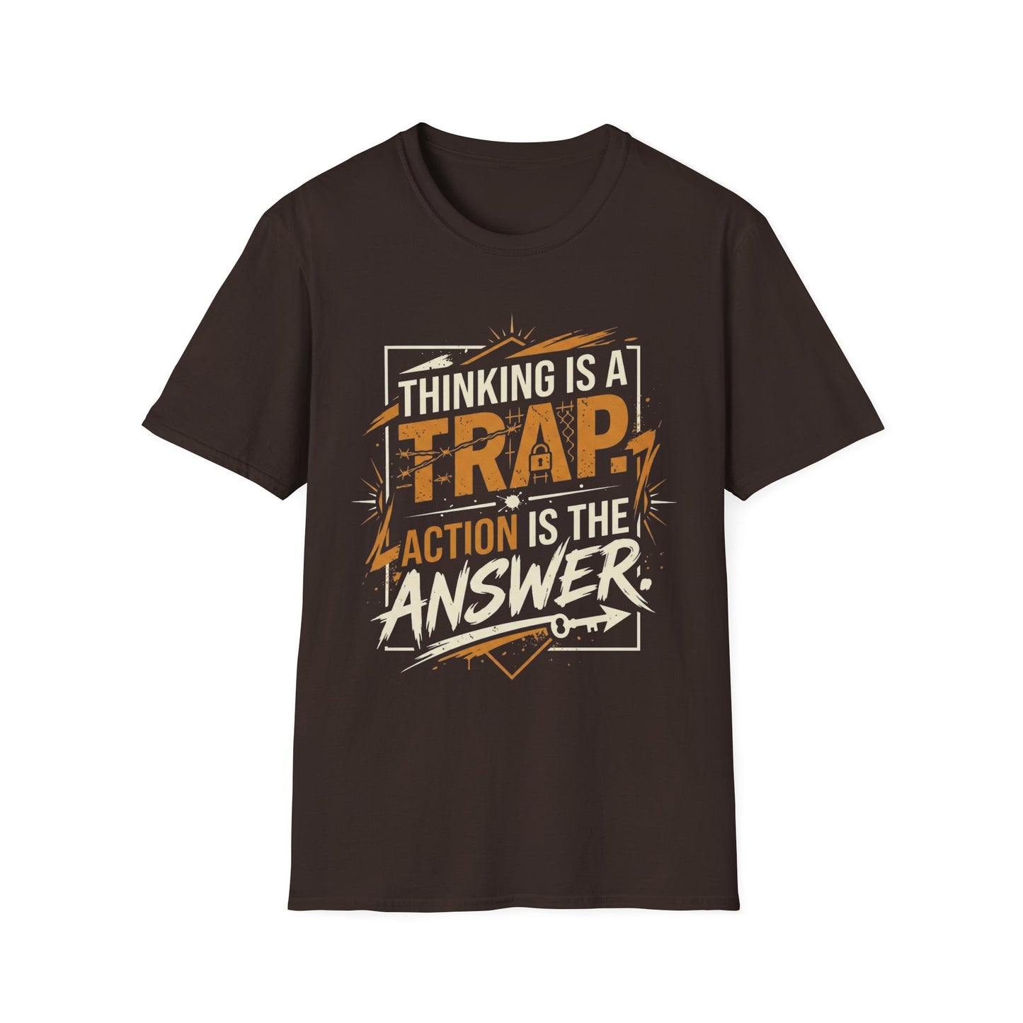 Thinking Is a Trap, Action Is the Answer - Pop Type graphic t-shirt mockup
