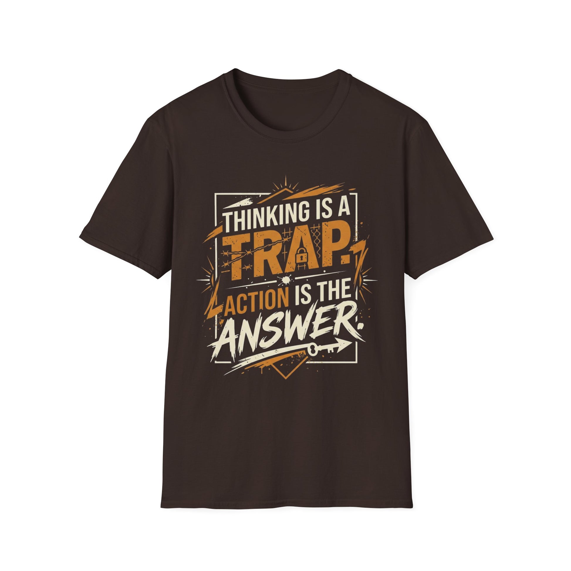Thinking Is a Trap, Action Is the Answer - Pop Type graphic t-shirt mockup