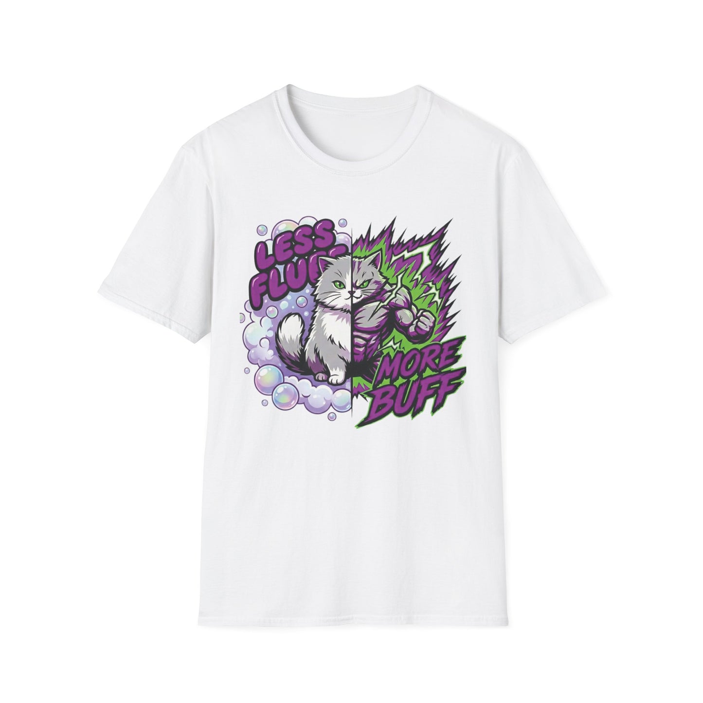Less Fluff More Buff - Transformation graphic t-shirt mockup