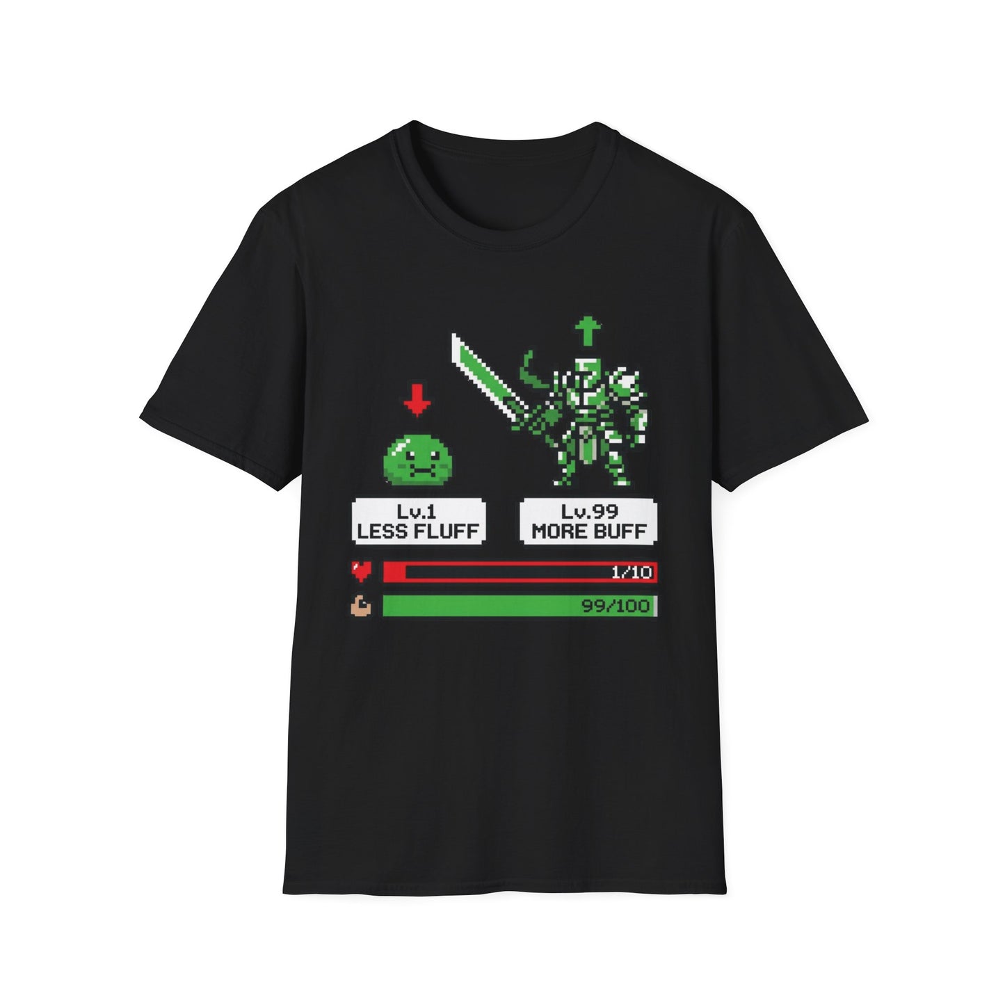 Less Fluff More Buff - 8-Bit Game graphic t-shirt mockup