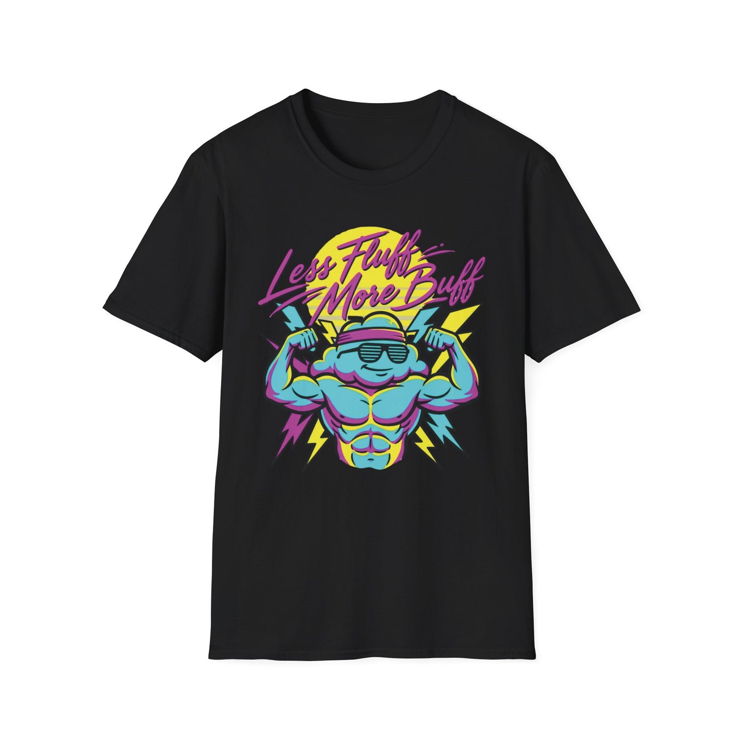 Less Fluff More Buff - Cloudman graphic t-shirt mockup