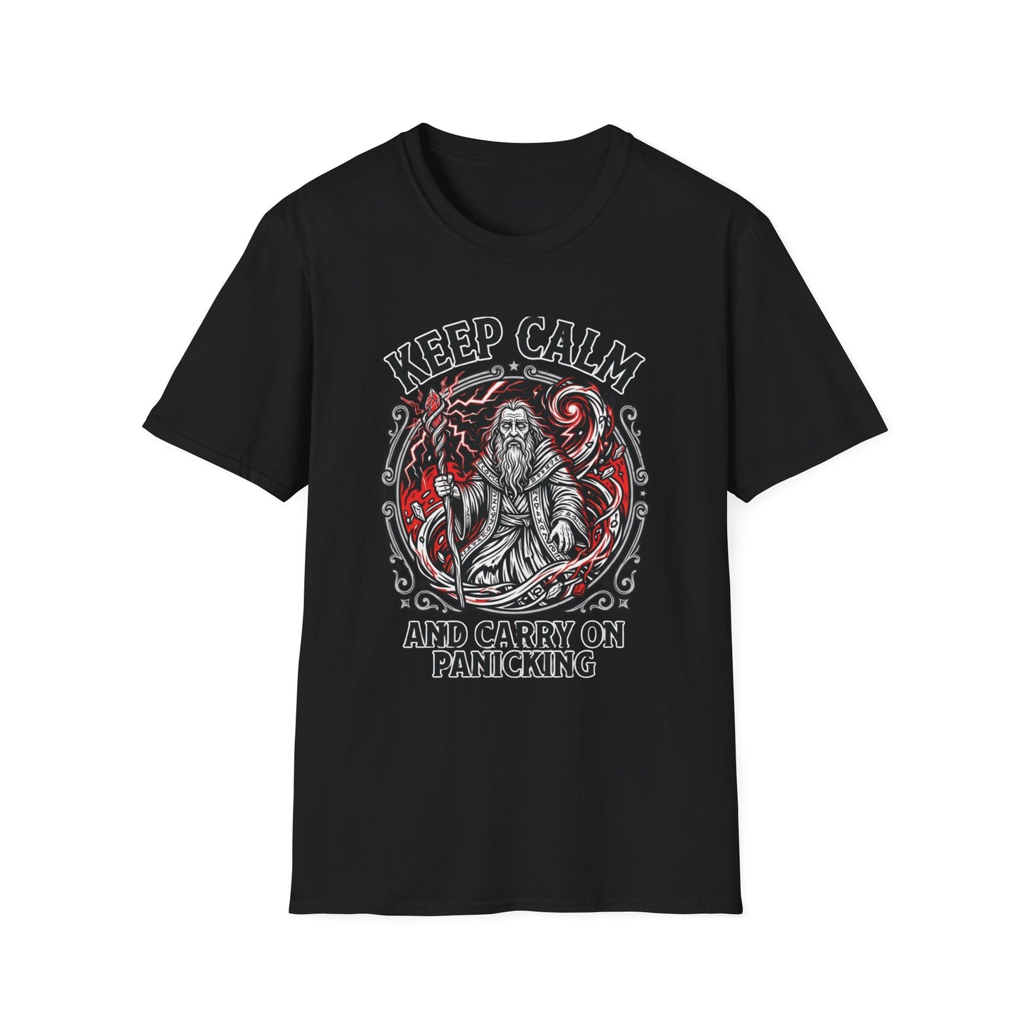 Keep Calm and Carry on Panicking graphic t-shirt mockup