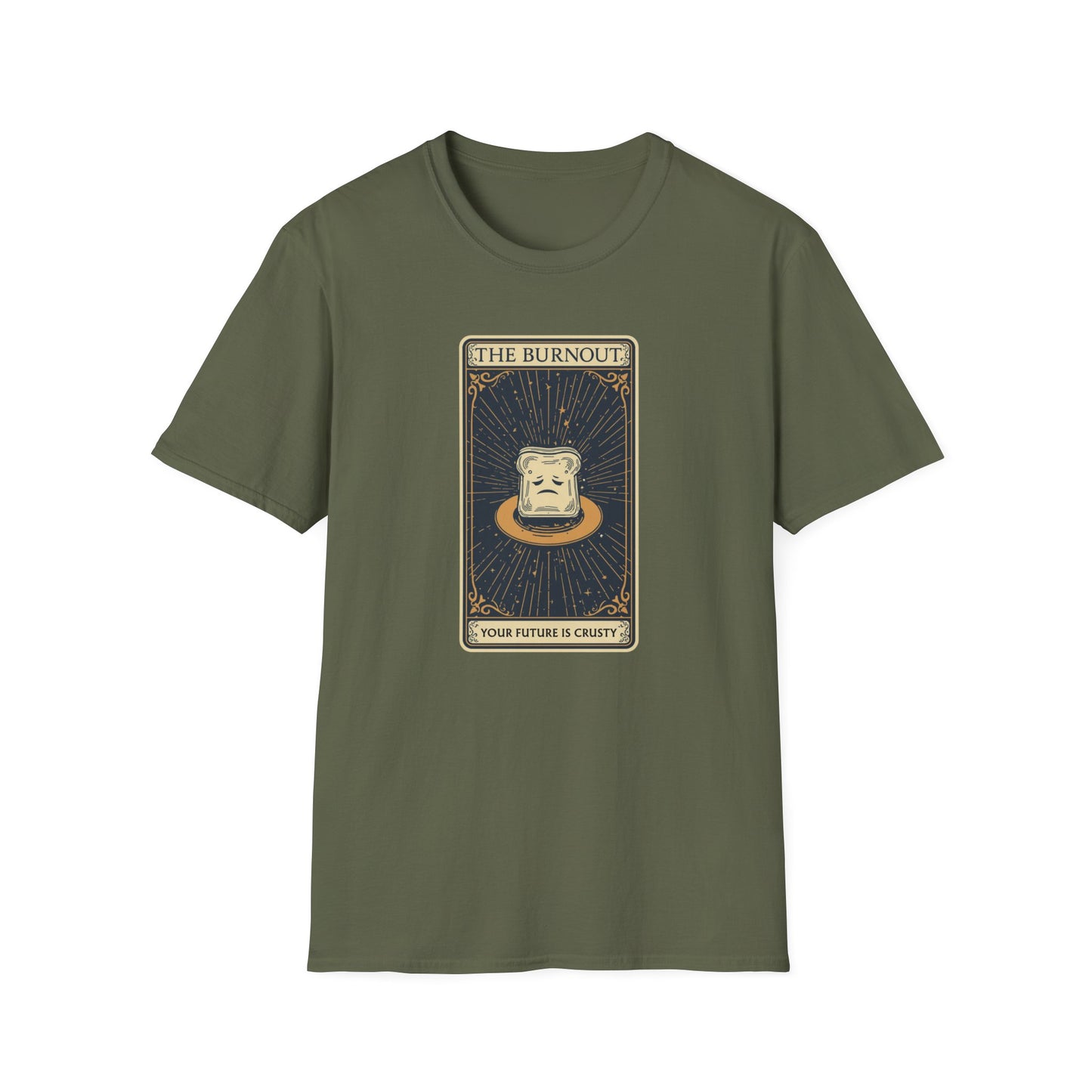 The Burnout Your Future is Crusty graphic t-shirt mockup