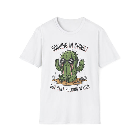 Sobbing in Spines, Still Holding Water graphic t-shirt mockup