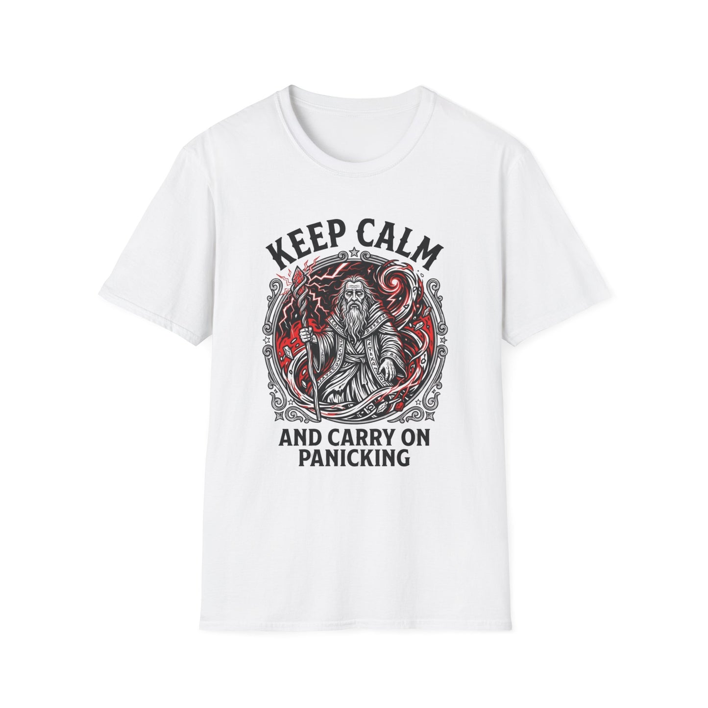 Keep Calm and Carry on Panicking graphic t-shirt mockup