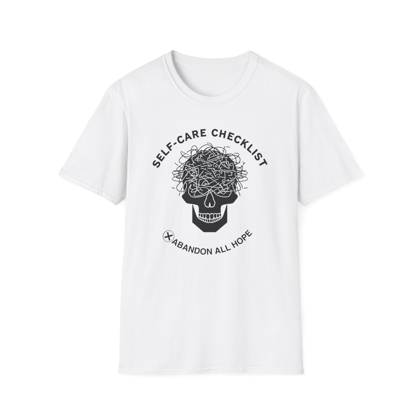 Self-Care Checklist: Abandon All Hope graphic t-shirt mockup