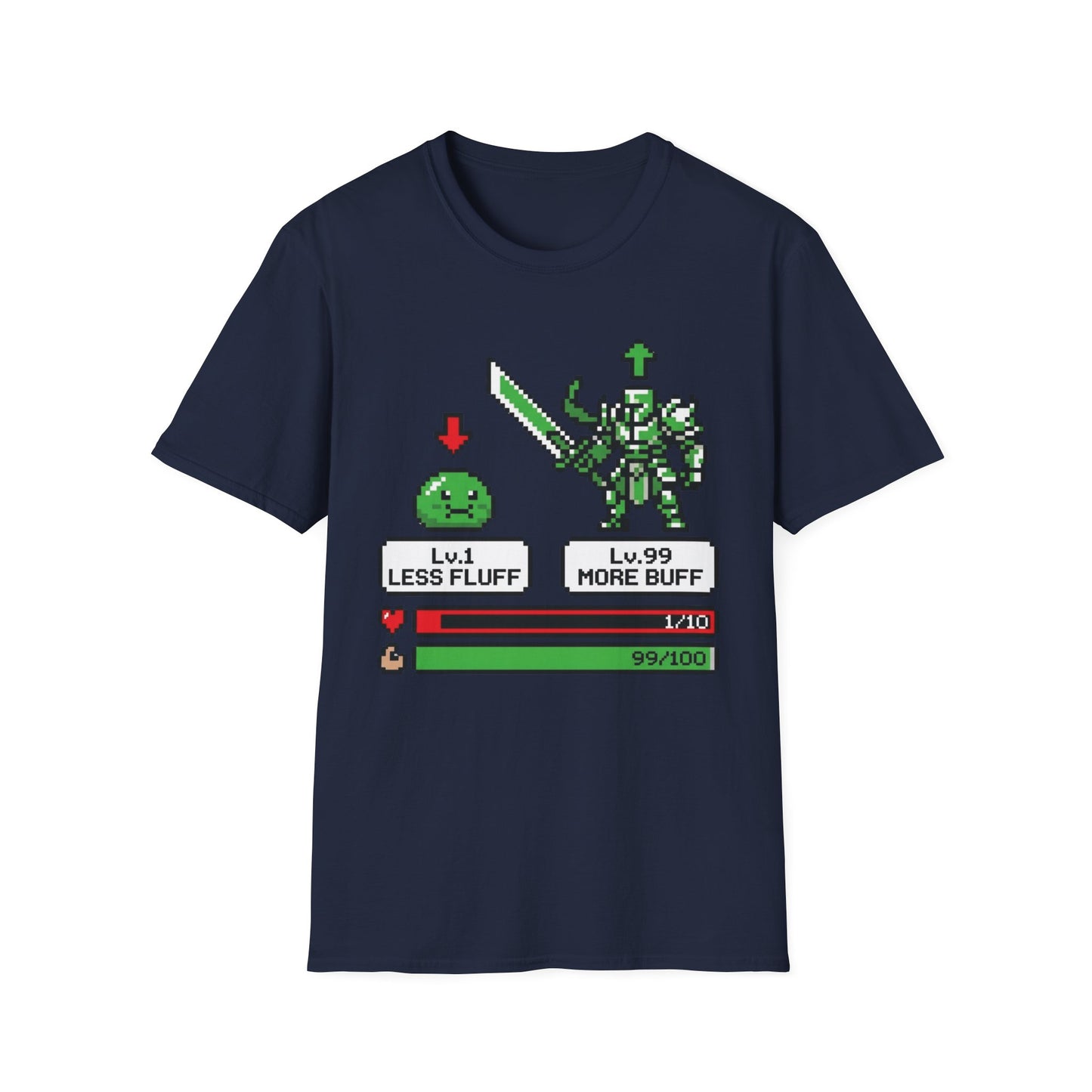 Less Fluff More Buff - 8-Bit Game graphic t-shirt mockup