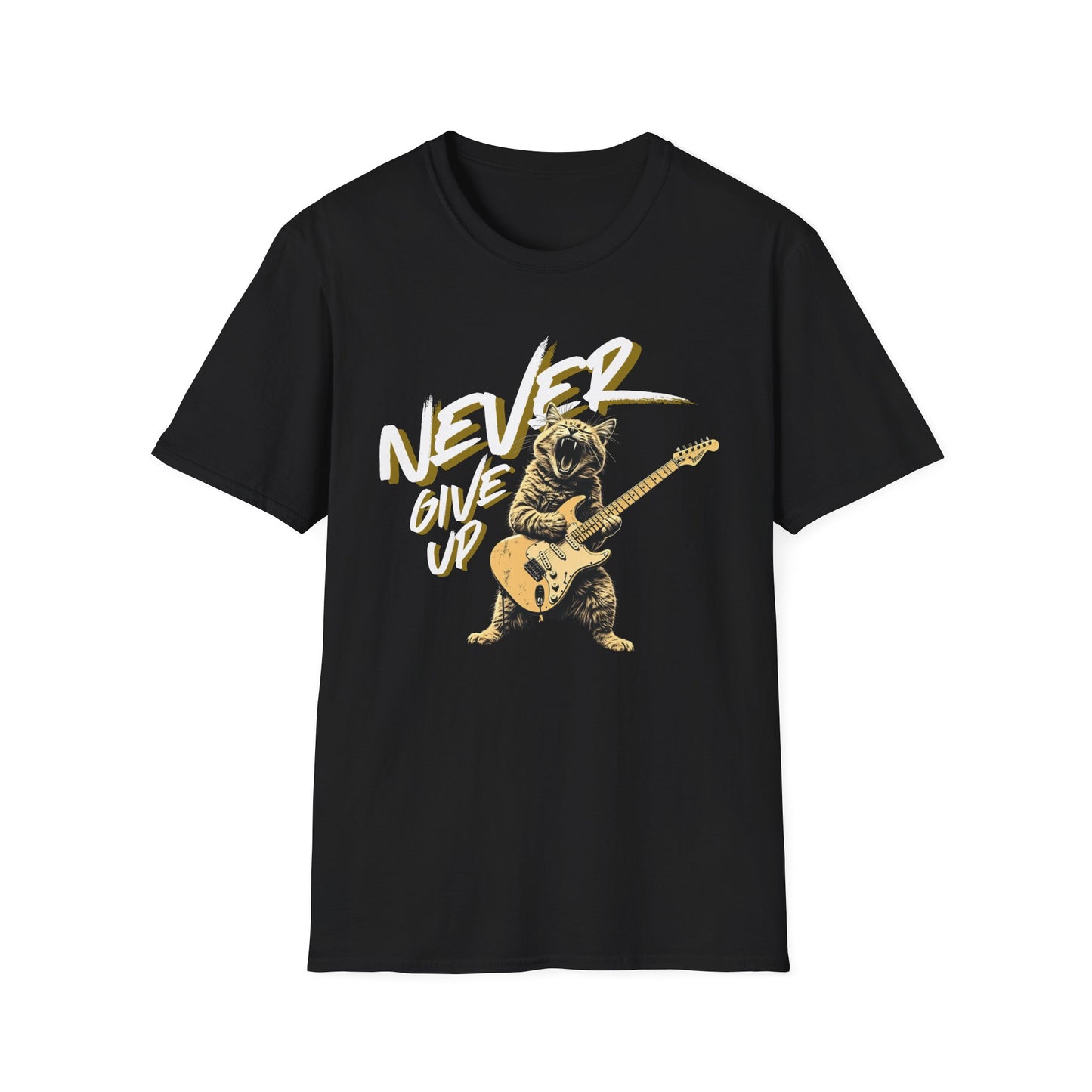 Never Give Up - Rock Cat graphic t-shirt mockup