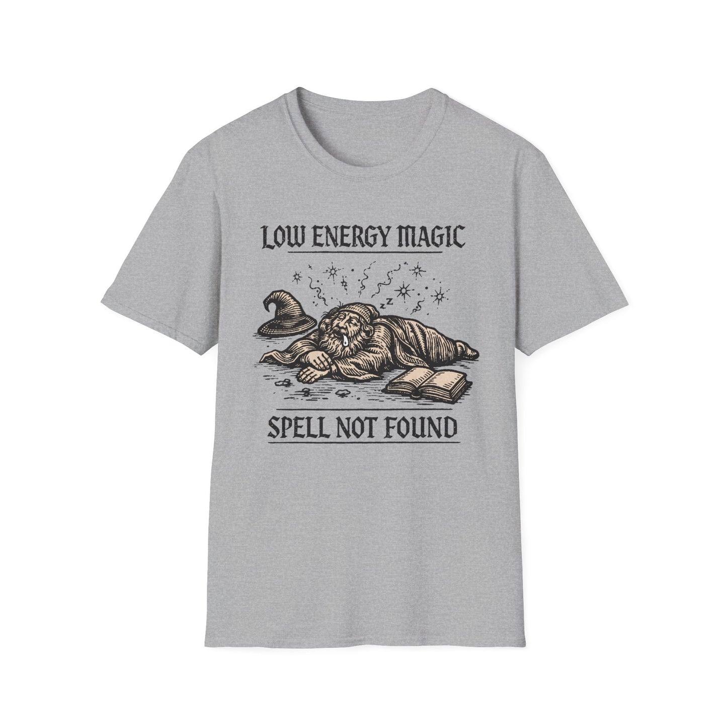 Low Energy Magic: Spell Not Found graphic t-shirt mockup