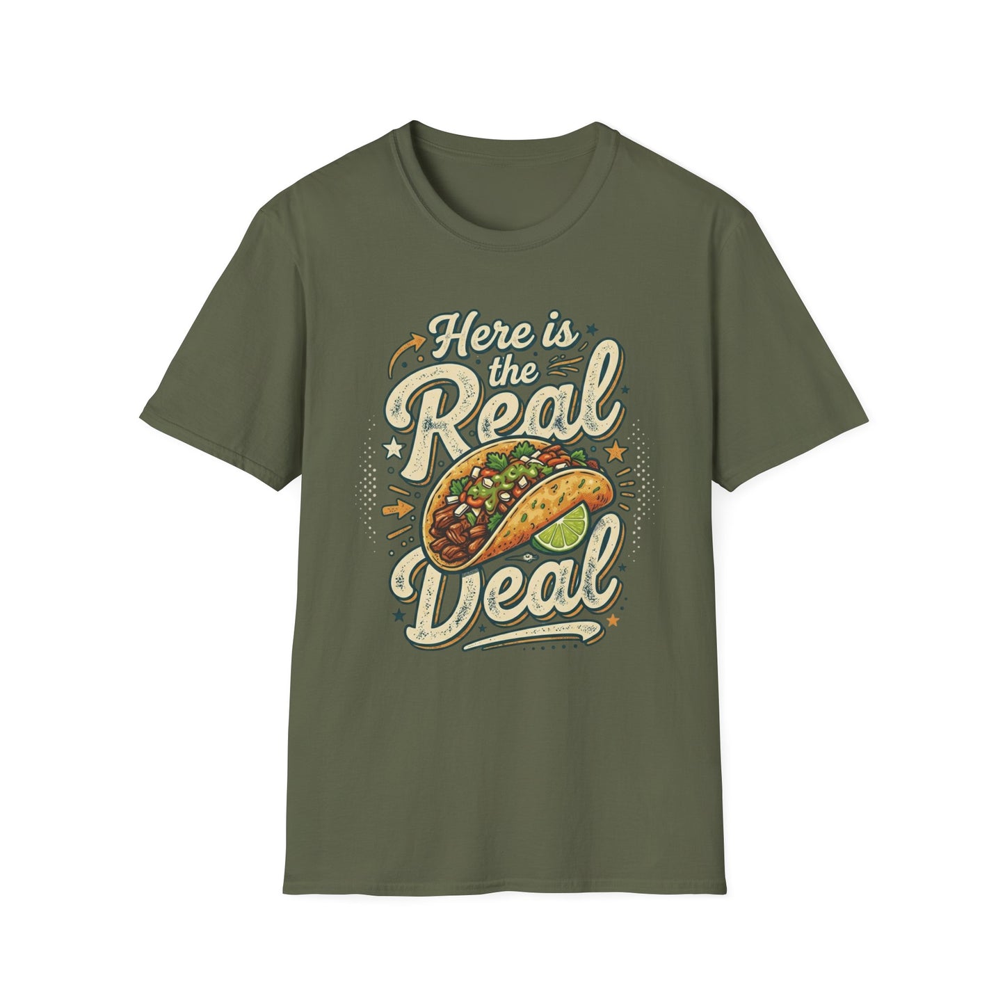 Here Is the Real Deal - Retro Script graphic t-shirt mockup