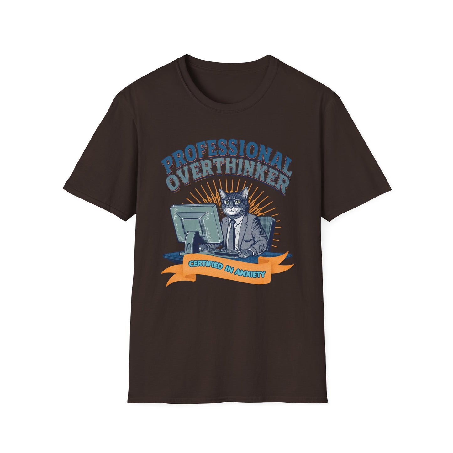 Professional Overthinker Cat graphic t-shirt mockup