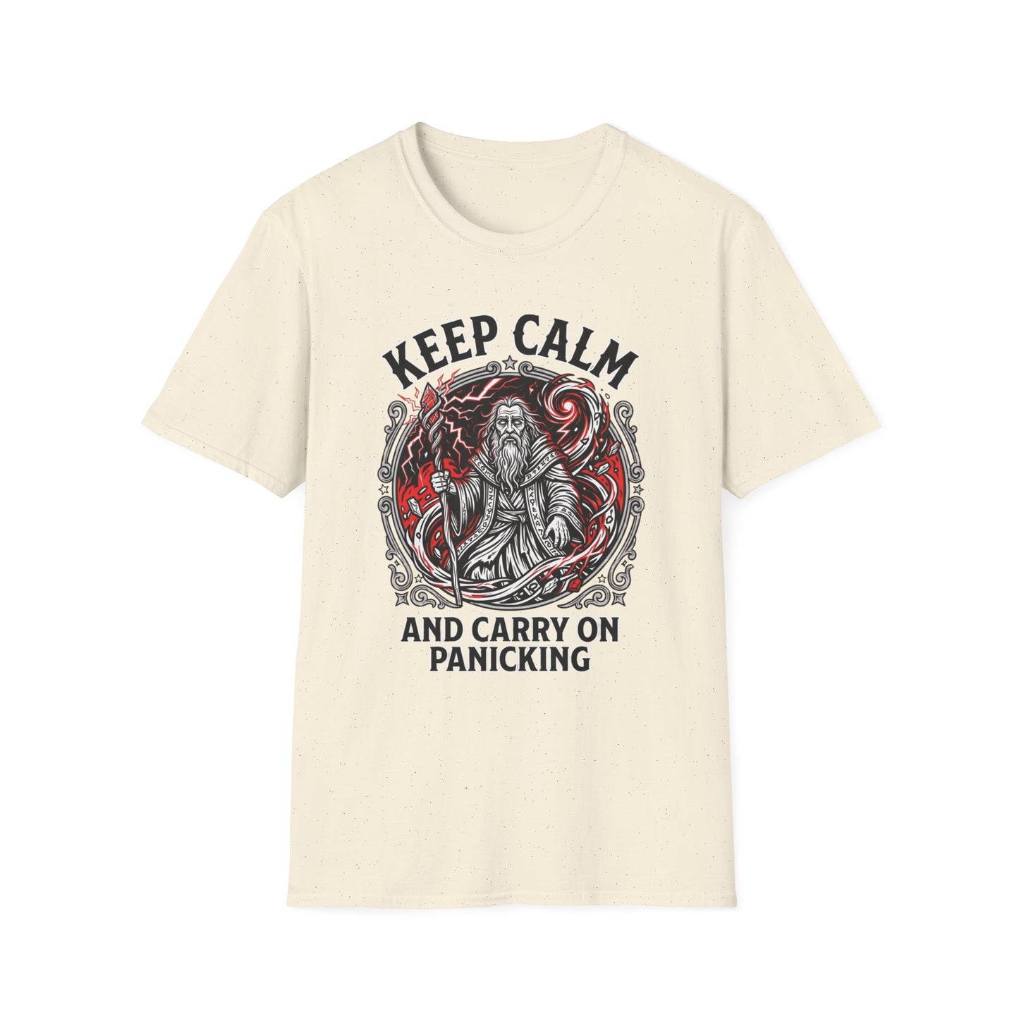 Keep Calm and Carry on Panicking graphic t-shirt mockup