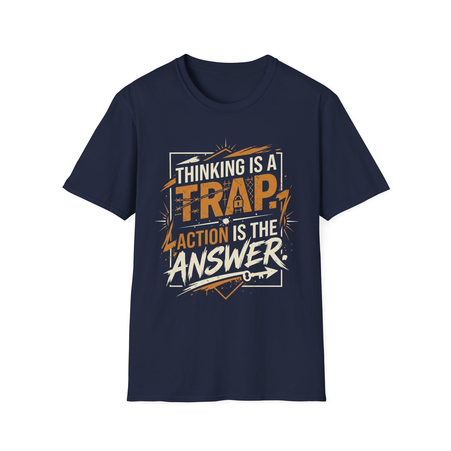 Thinking Is a Trap, Action Is the Answer - Pop Type graphic t-shirt mockup