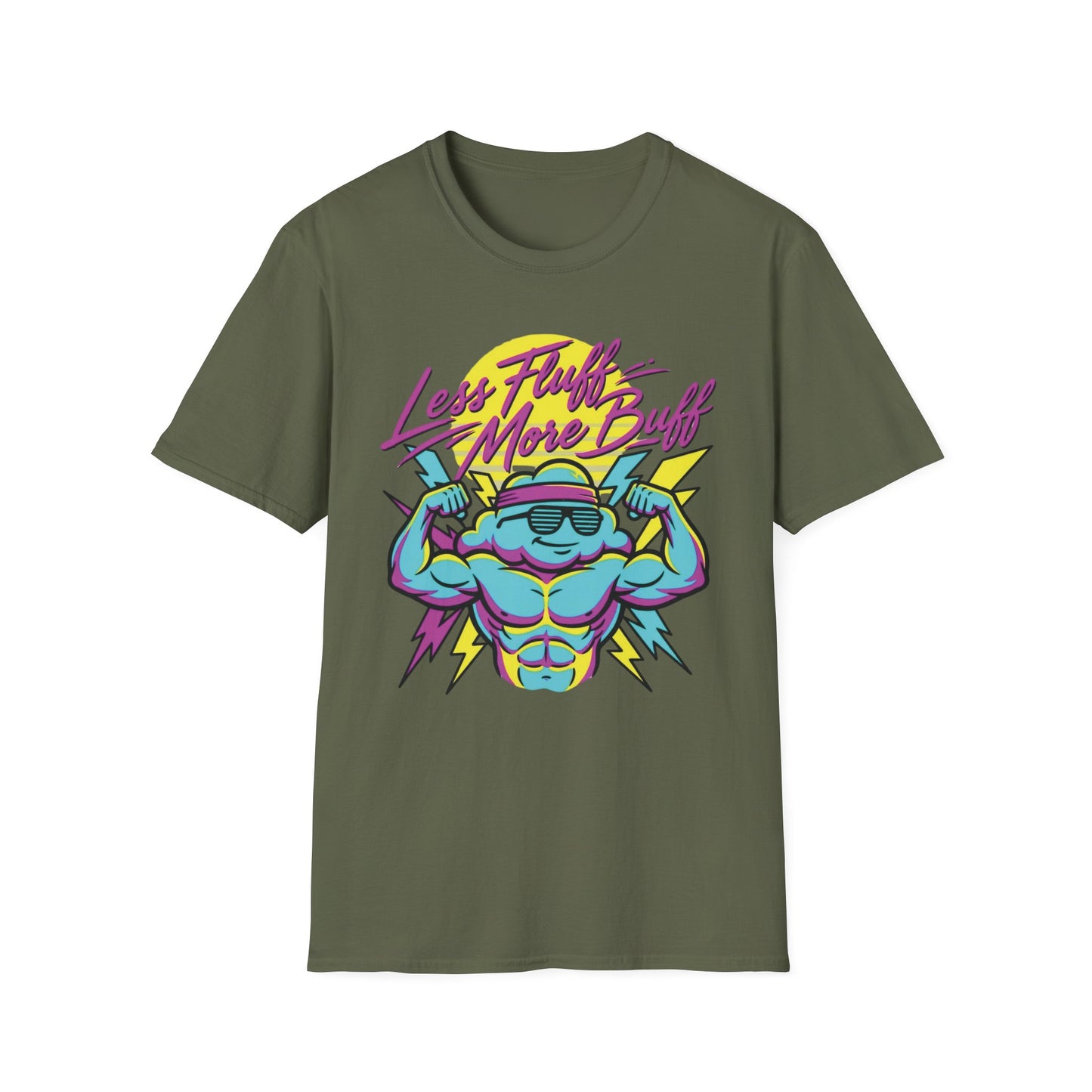 Less Fluff More Buff - Cloudman graphic t-shirt mockup