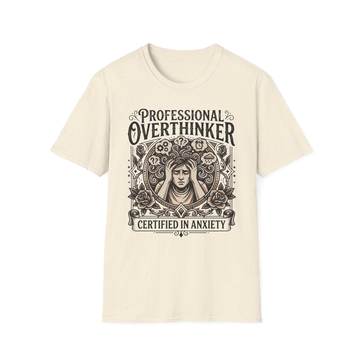 Professional Overthinker Certified in Anxiety graphic t-shirt mockup
