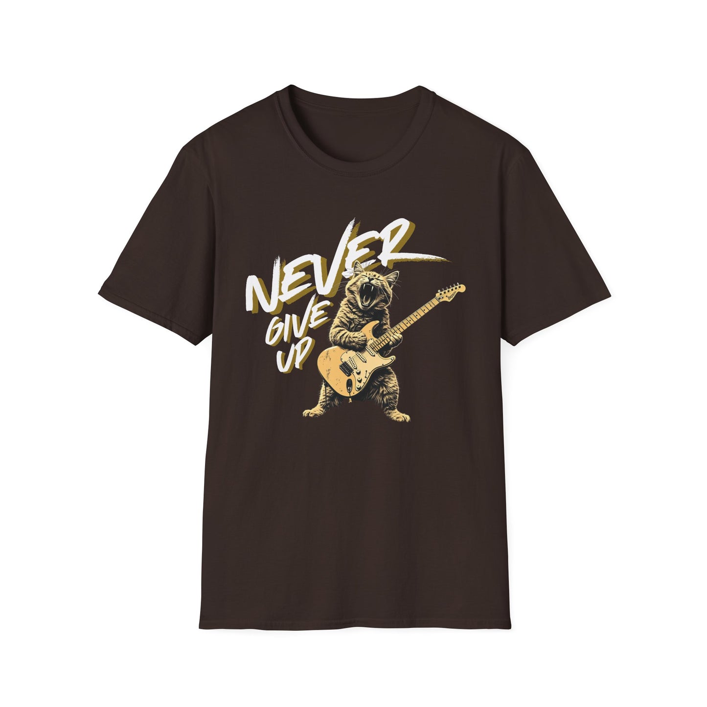 Never Give Up - Rock Cat graphic t-shirt mockup