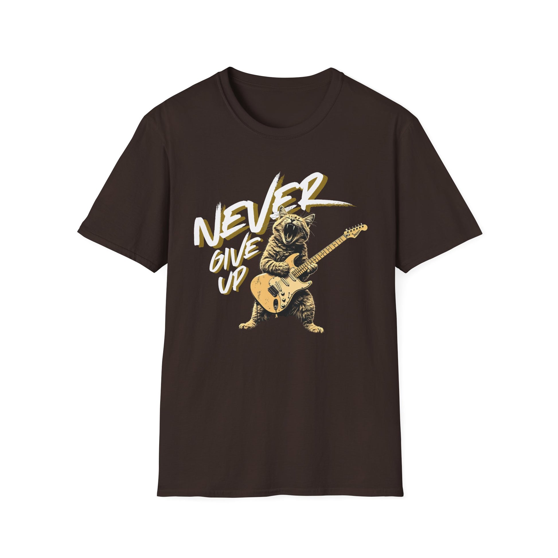 Never Give Up - Rock Cat graphic t-shirt mockup