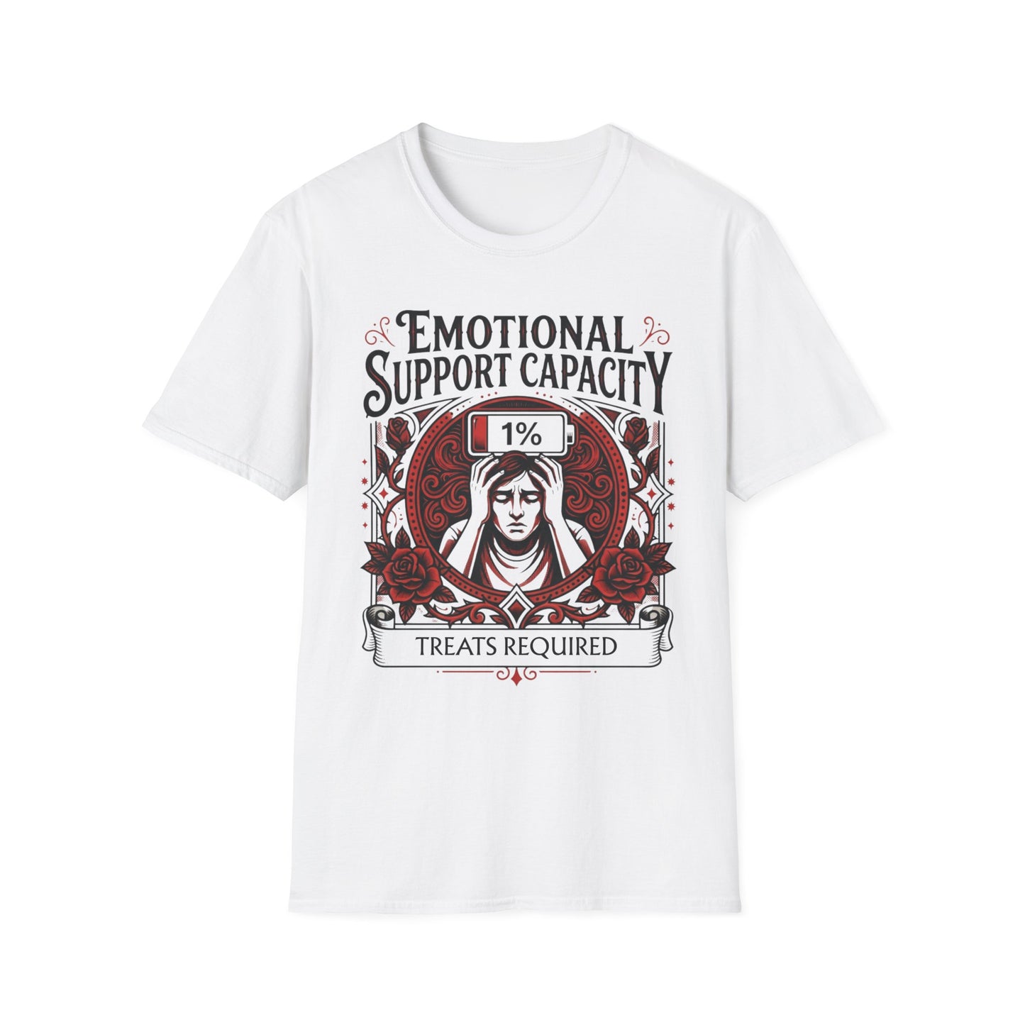 Emotional Support Capacity: 1% Treat Required graphic t-shirt mockup