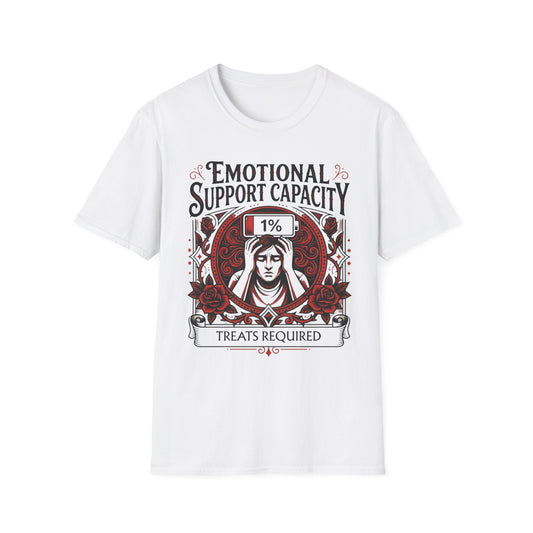 Emotional Support Capacity: 1% Treat Required graphic t-shirt mockup