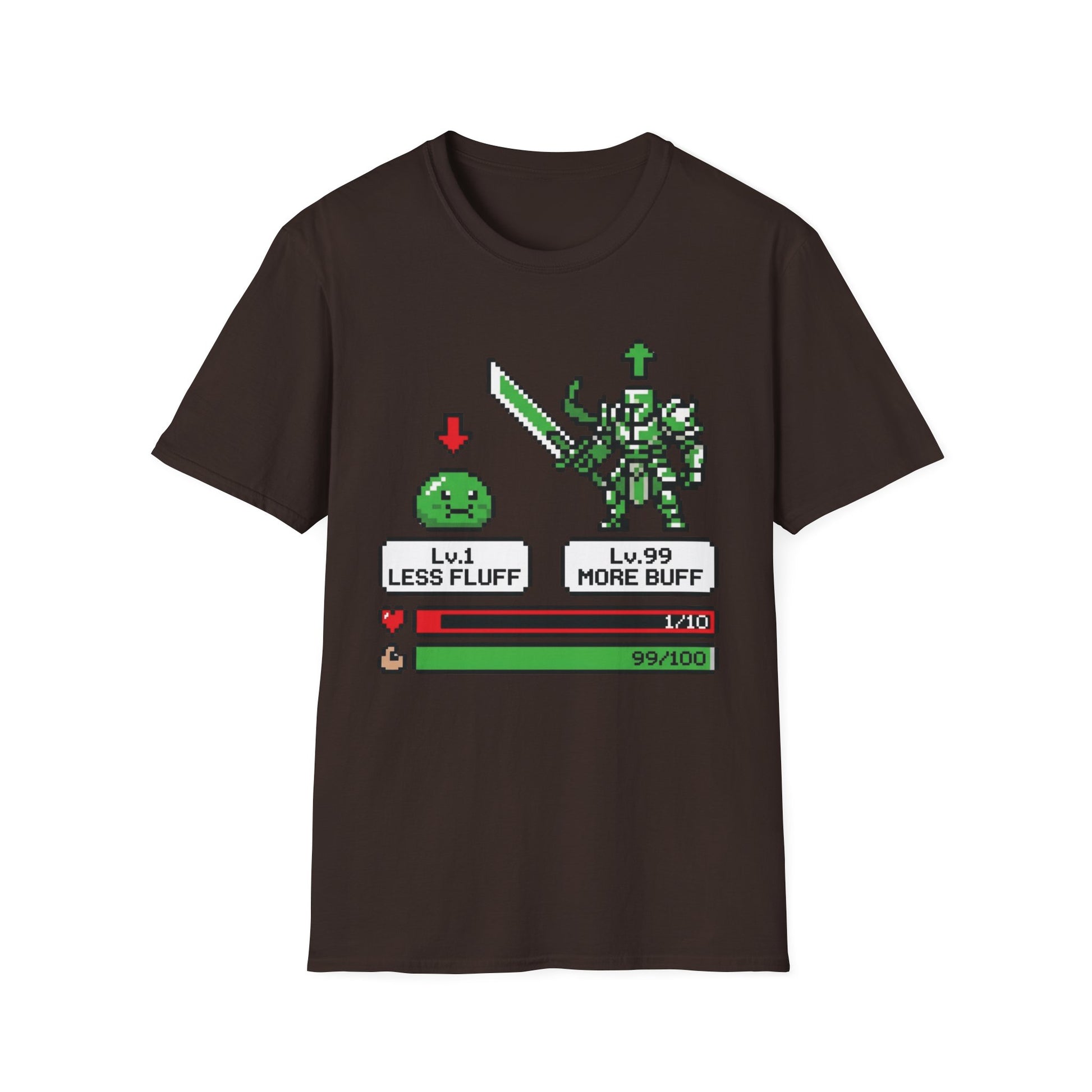 Less Fluff More Buff - 8-Bit Game graphic t-shirt mockup