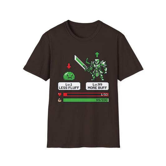 Less Fluff More Buff - 8-Bit Game graphic t-shirt mockup