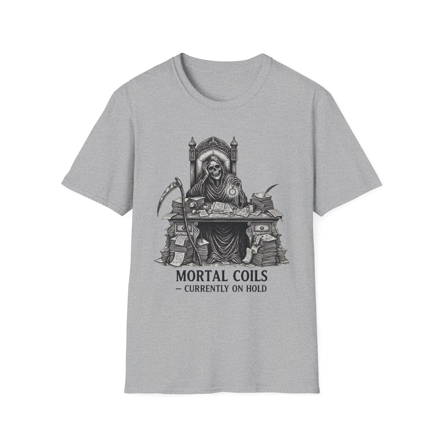 Mortal Coils Currently on Hold graphic t-shirt mockup