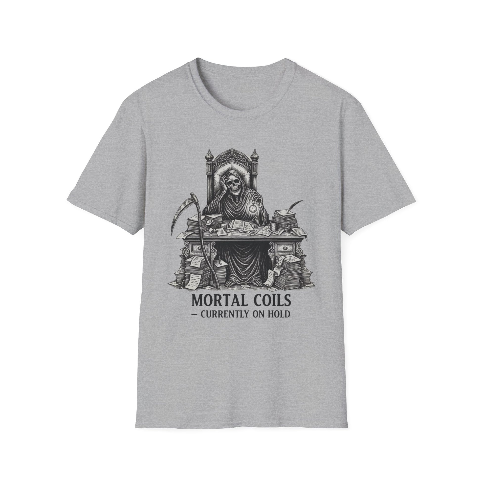 Mortal Coils Currently on Hold graphic t-shirt mockup