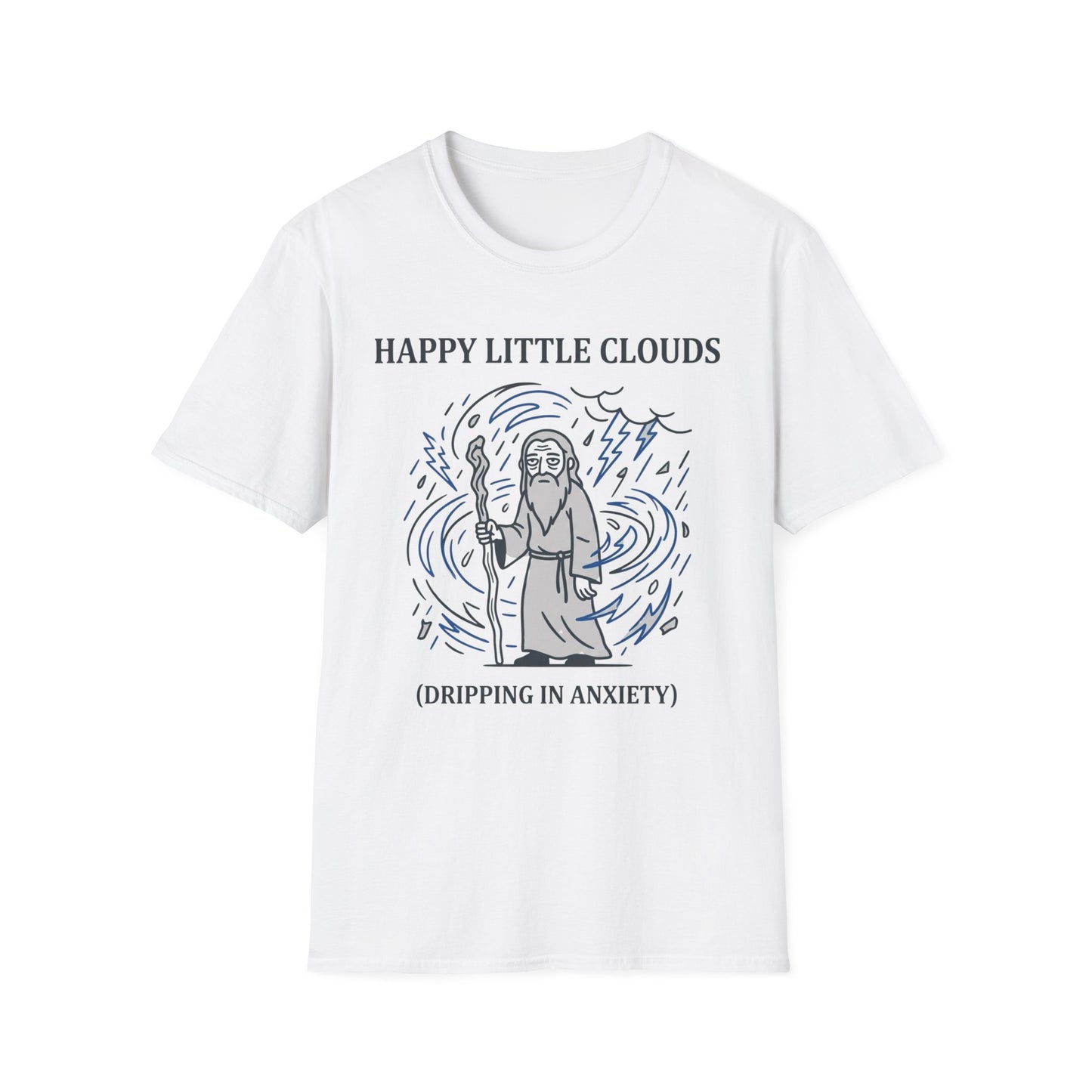 Happy Little Clouds Dripping in Anxiety graphic t-shirt mockup