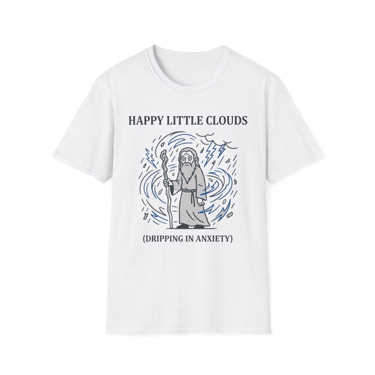 Happy Little Clouds Dripping in Anxiety graphic t-shirt mockup