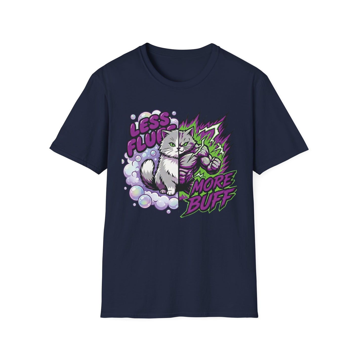 Less Fluff More Buff - Transformation graphic t-shirt mockup