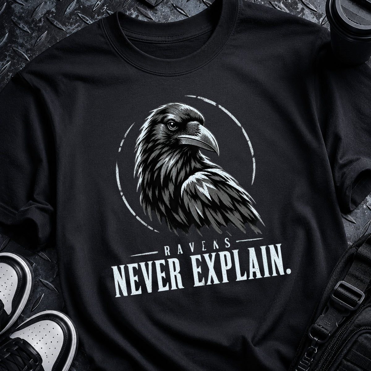 Black Raven Code Tee with distressed off-white raven sigil, broken circular ring and RAVENS NEVER EXPLAIN typography.