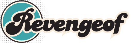 Logo with the text 'Revengeof' and a blue circular design on a white background